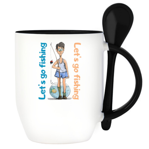 Кружка с ложкой с принтом Поедем на рыбалку