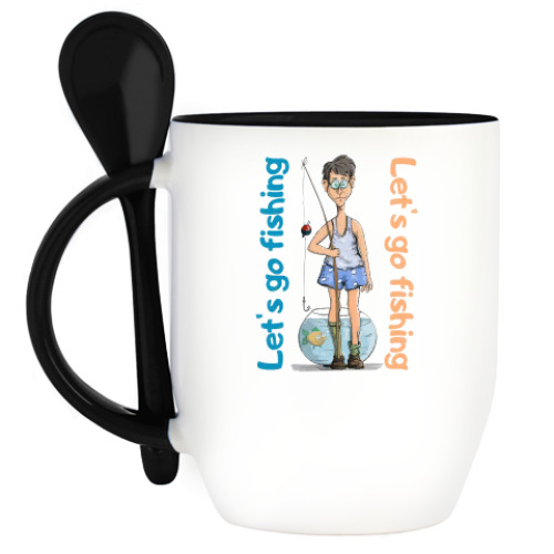 Кружка с ложкой с принтом Поедем на рыбалку