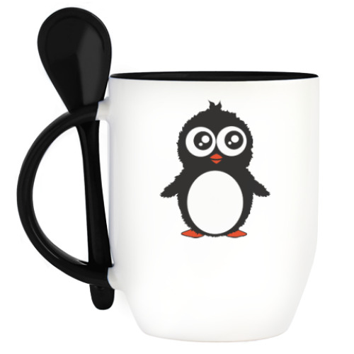 Кружка с ложкой с принтом Пингвин.