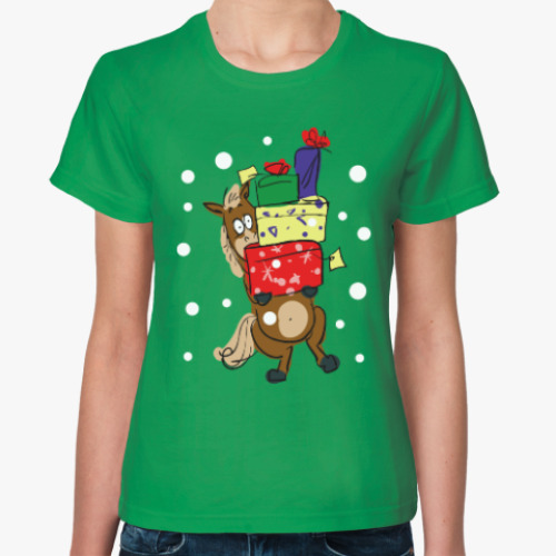 Женская футболка с принтом Новогодняя лошадь с подарками