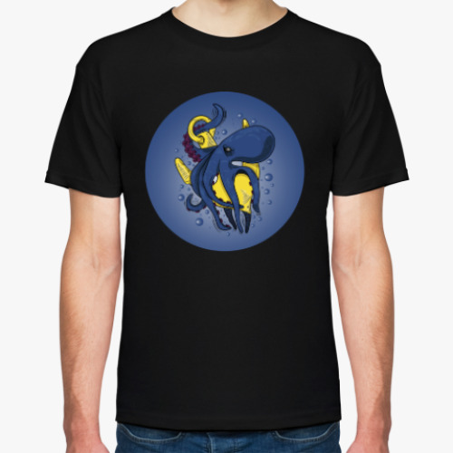 Футболка с принтом Морское чудовище осьминог обвивший якорь под водой