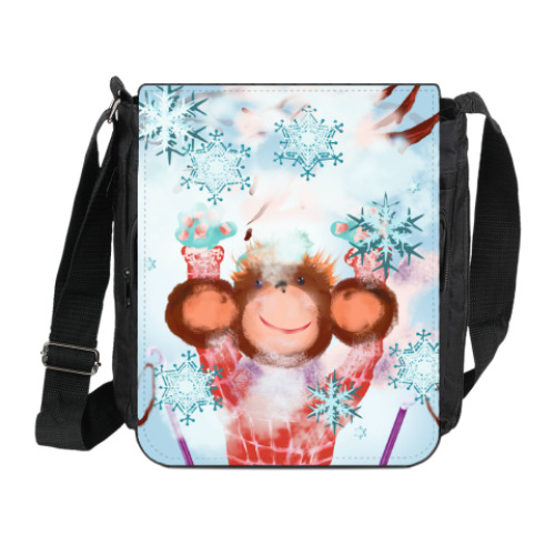 Сумка на плечо (мини-планшет) с принтом Обезьянка и снег