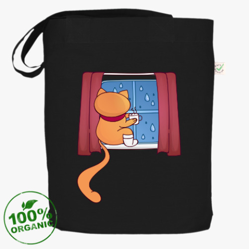 Сумка шоппер с принтом Рыжий кот и дождь за окном