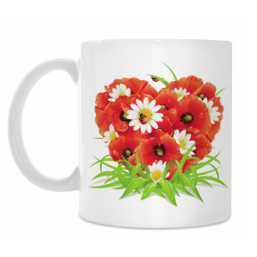 Кружка с принтом Сердце из маков и ромашек