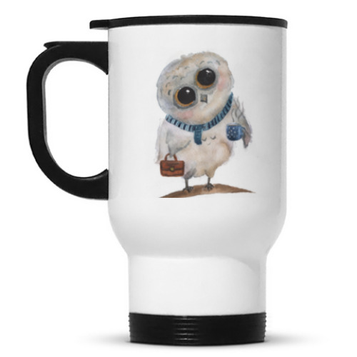 Кружка-термос с принтом Совенок с чашечкой кофе