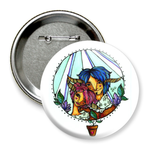 Значок 75мм с принтом Пара с розово-голубыми волосам