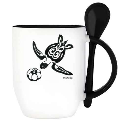 Кружка с ложкой с принтом Морская черепаха с тыквой