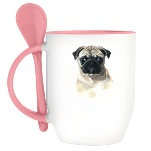 Кружка с ложкой с принтом Мопс