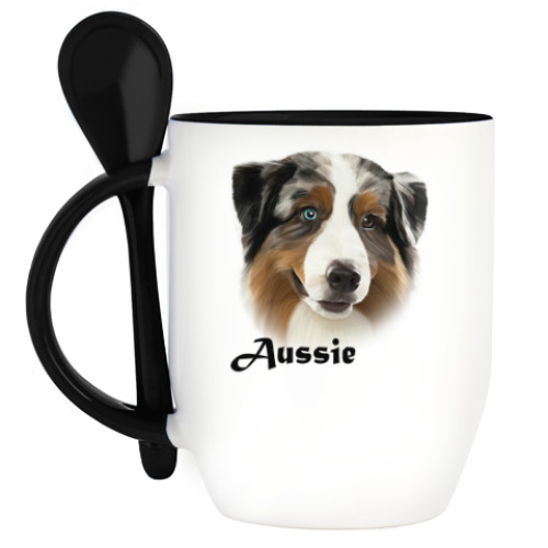 Кружка с ложкой с принтом Австралийская овчарка Аусси