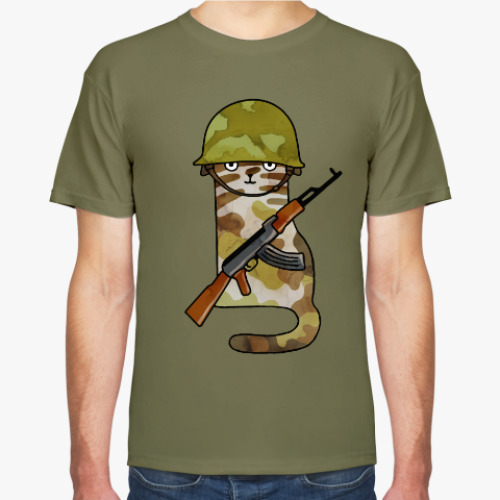 Футболка с принтом Кот Сухопутные войска с автоматом Калашникова