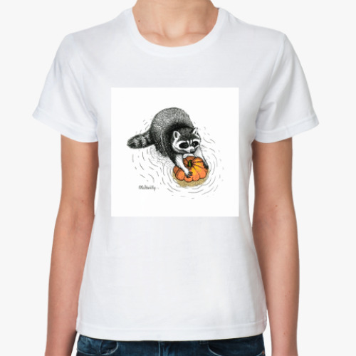 Классическая футболка с принтом Енот с тыквой