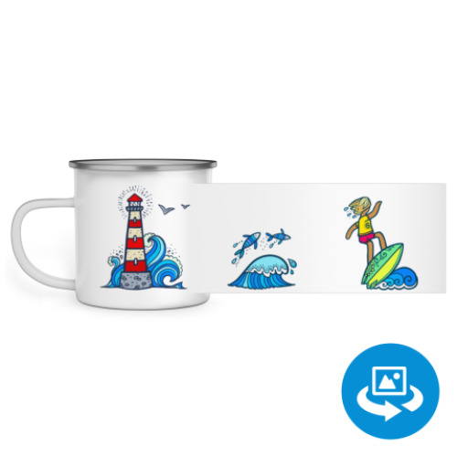 Эмалированная кружка (круговая запечатка) с принтом Маяк и серфинг