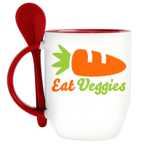 Кружка с ложкой с принтом Eat Veggies