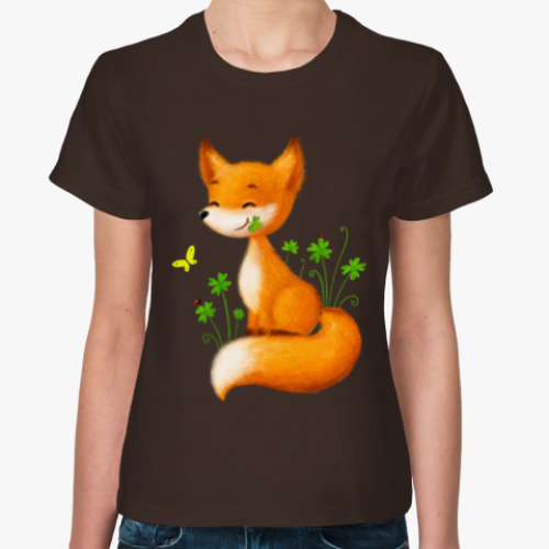 Женская футболка с принтом Лисенок в клеверах