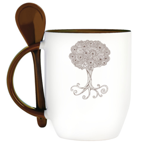 Кружка с ложкой с принтом Дерево