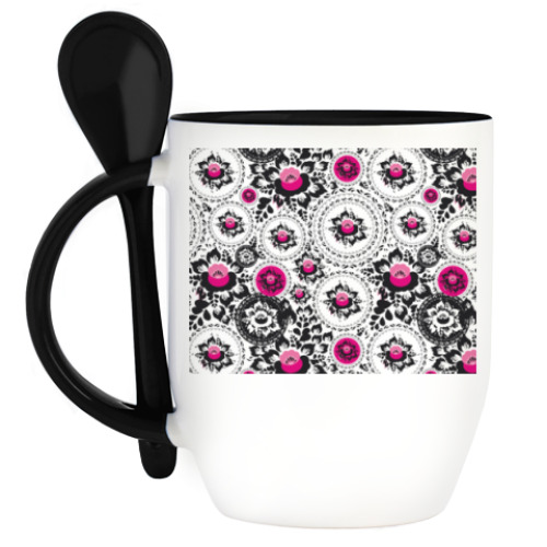 Кружка с ложкой с принтом цветы, розы