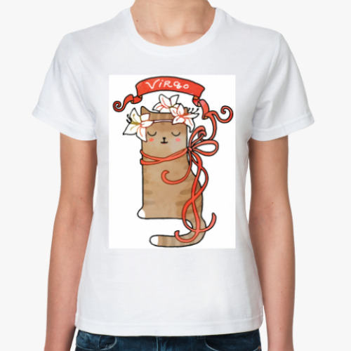 Классическая футболка с принтом Котик и Гороскоп.  Дева (Virgo).