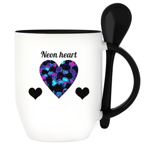 Кружка с ложкой с принтом Неоновое сердце