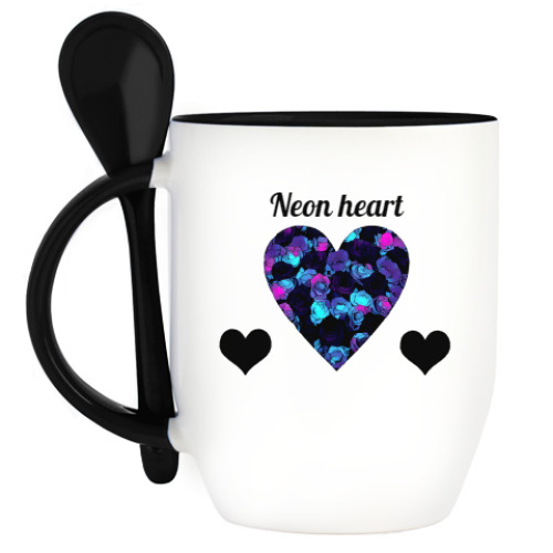 Кружка с ложкой с принтом Неоновое сердце